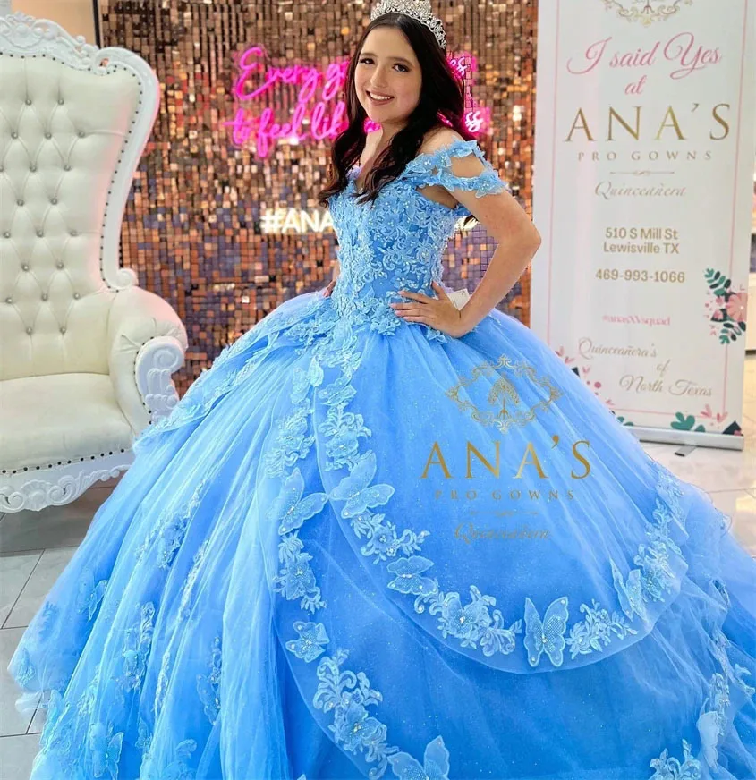 Vestido de baile Quinceanera azul-céu, Apliques de tule fora do ombro, Sweet 16 Vestidos, 15 Anos Mexicano