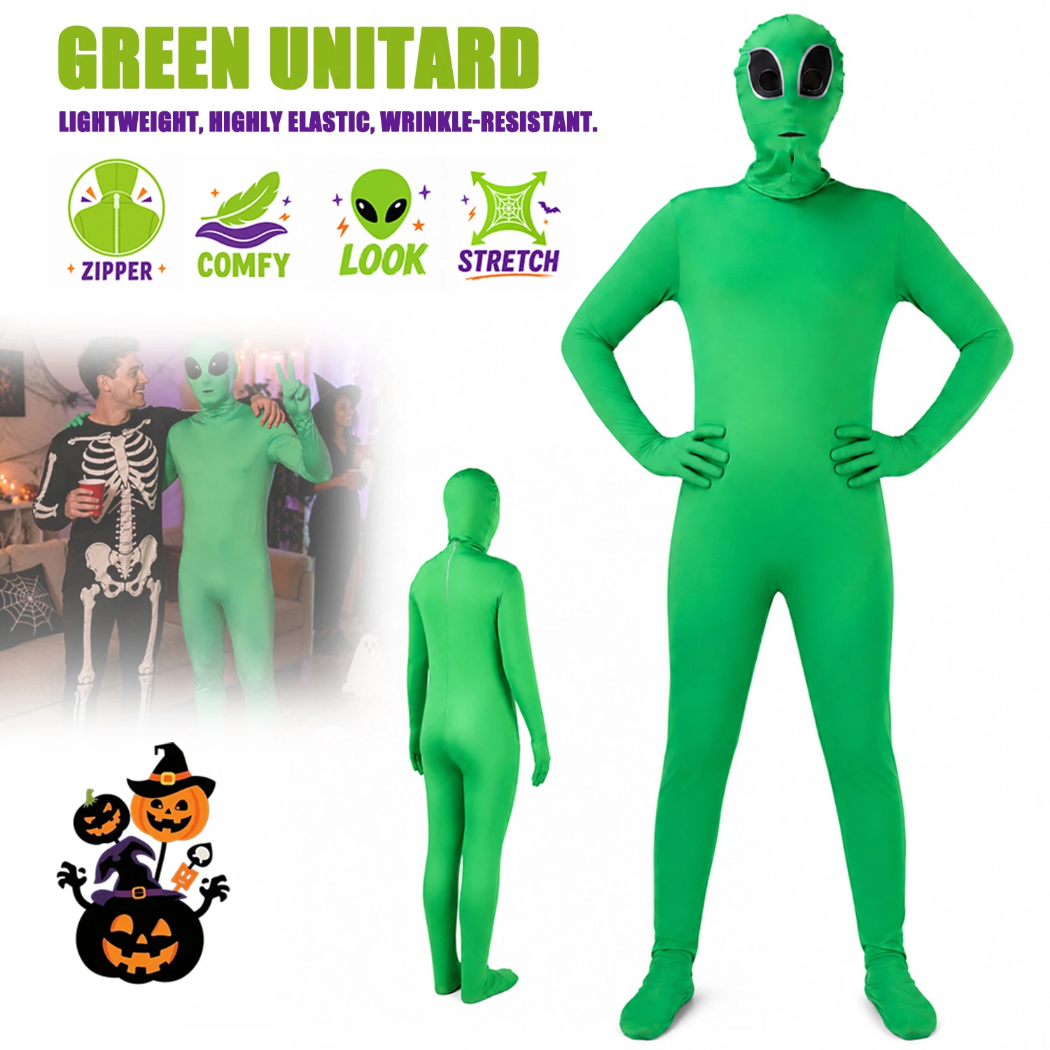 Costume da alieno a figura intera, taglia L, altezza 180 cm, costume da alieno in tessuto elasticizzato a quattro direzioni, ideale per Halloween, cosplay e feste in maschera.