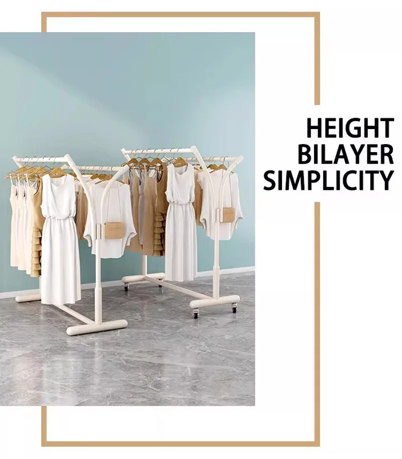 

Fashion Double Row Floor Standing Side Hanging Clothes Rack Gold/Milky White Iron Material Clothing Store Display