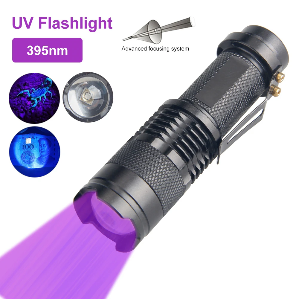 Green Red Mini LED Flashlight UV Light Torch Zoomable Tactical Torch Adjustable Focus Flash Lamp For Hunting Climbing Camping