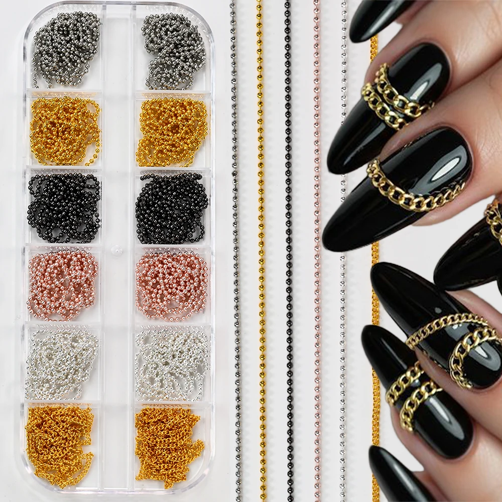 12er-Set 3D Gold Silber Dunkelgrau Roségold Nagelketten Gothic Punk Metallketten Nagelkunst-Charms Legierungsketten Maniküre Nageldekorationen