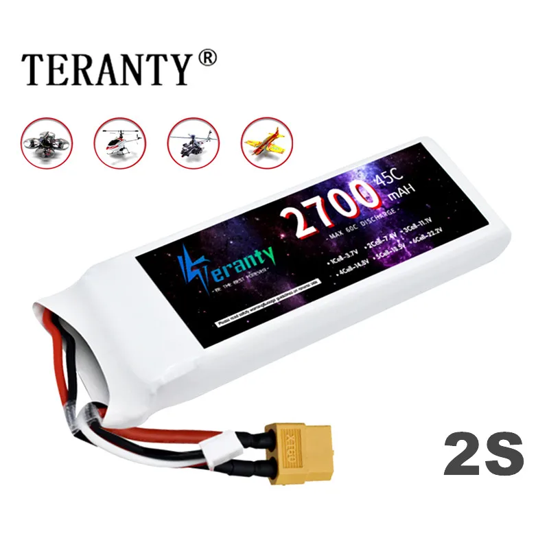 Teranty 2S แบตเตอรี่ลิเธียมโพลิเมอร์7.4V 2700mAh LiPo แบตเตอรี่45C mobil RC โดรนแข่งรถงานอดิเรกอุปกรณ์เสริม quadrotor แบบชาร์จไฟได้