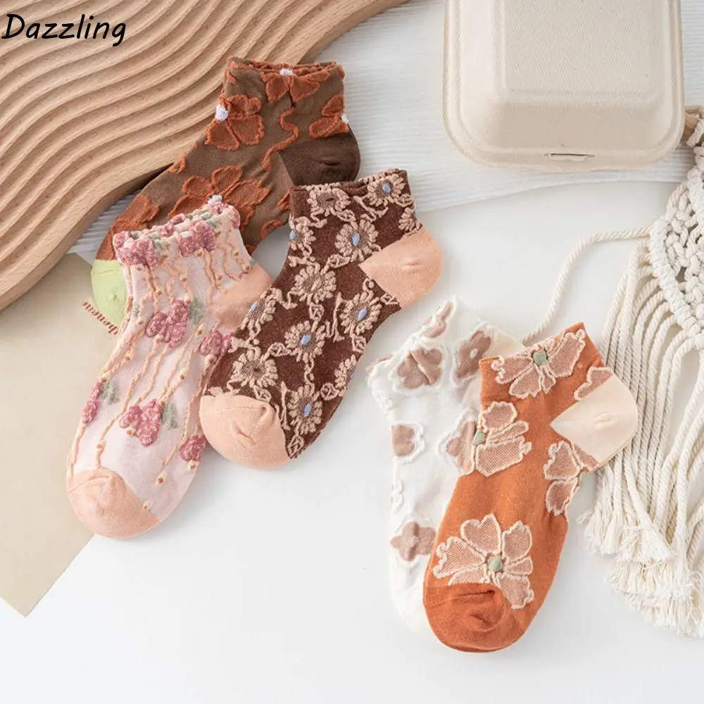 

5Pairs Retro Style Flower Floral Tube Socks Harajuku Breathable Girls Mid-calf Socks Hosiery Thin Sweet Sock Women Spring Summer