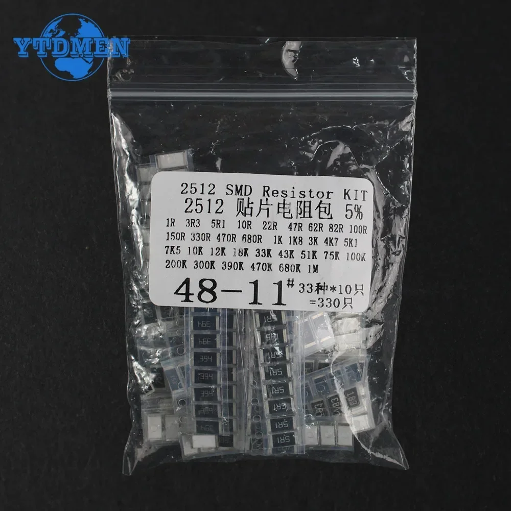 330pcs 2512 SMD Resistor 5% (1R-1M) 33 Values Resistor Kit 1K 10K 100K 200K 470K 1R 10R 22R 47R 150R 330R 470R 1M Resistance Set