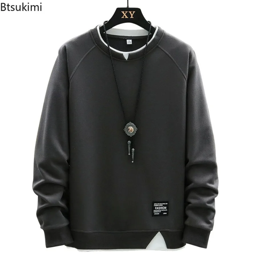 Spring New Men's Solid Casual Sweatshirts Harajuku Fashion Fake Two Pieces O-neck Hoodies Versatile Tops Hip Hop Streetwear Male