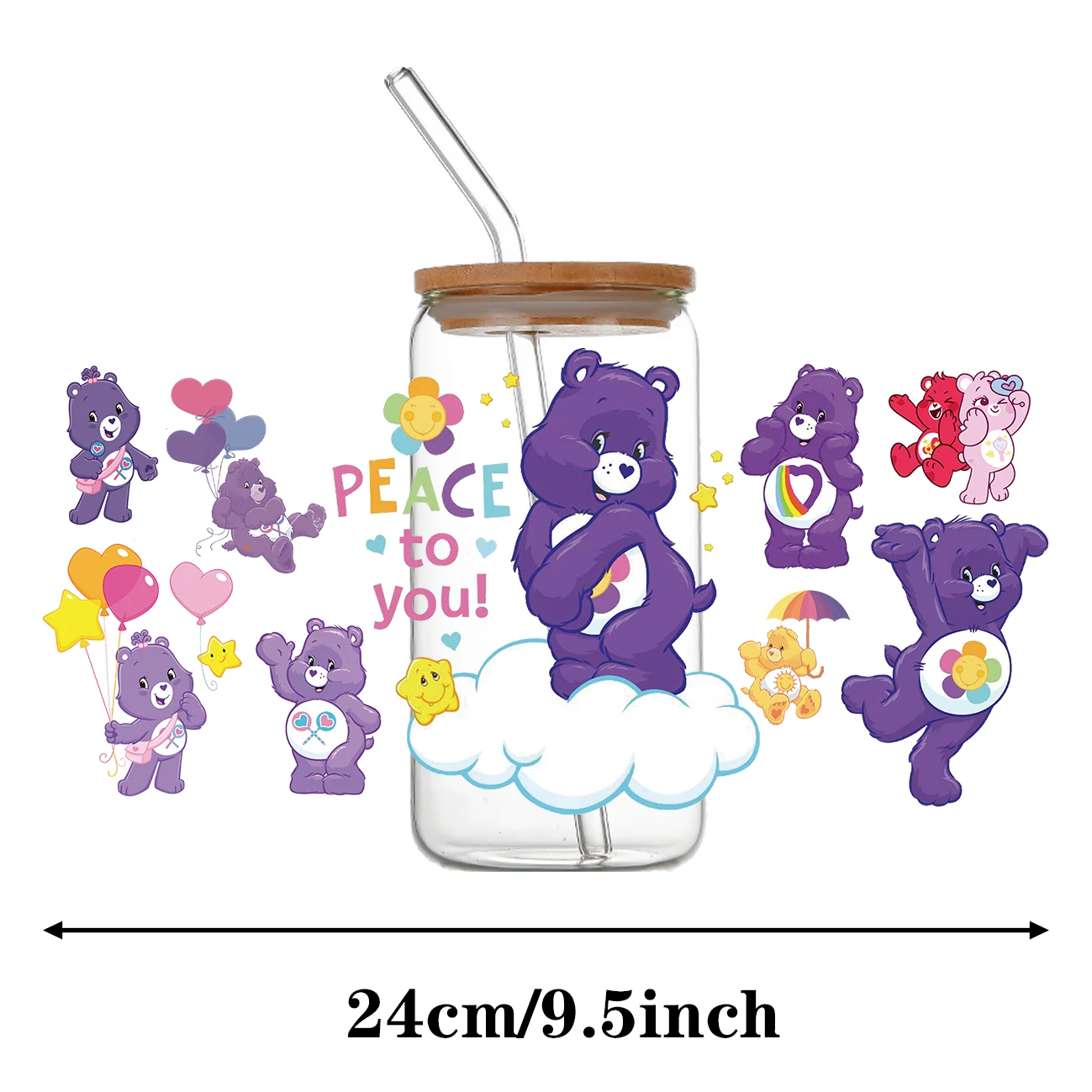 Carebears Cartoon Pattern DIY Selfadhesive Waterproof Sticker Care Bear16oz DTF Cup Sticker Personalize UV Wrap Transfer Sticker