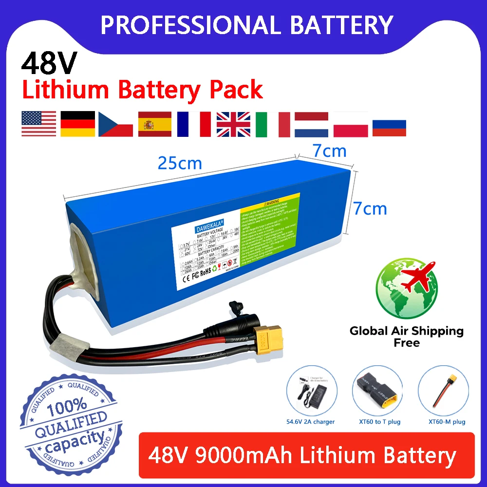 Highly Rated 48v lithium battery 9000mAh 1000w 13S3P Li ion Battery Pack For 54.6v 750W 1000W Kit built-in 30A BMS With Charger