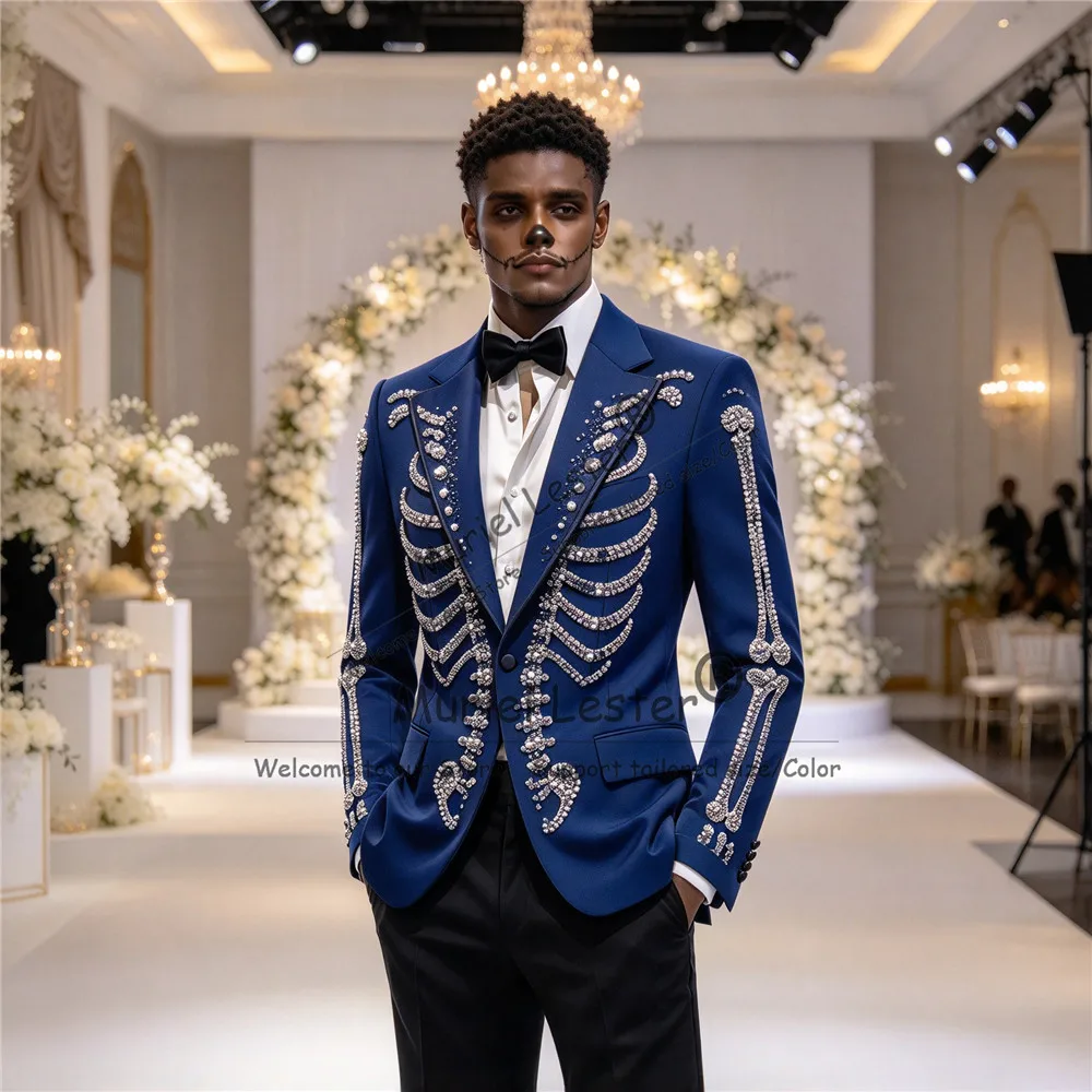 Designer Suits Men Formal Wear Sparkly Beading Stones Prom Blazer Trousers 2 Piece Sets Man Stage Performance Tuxedo Suit Luxury