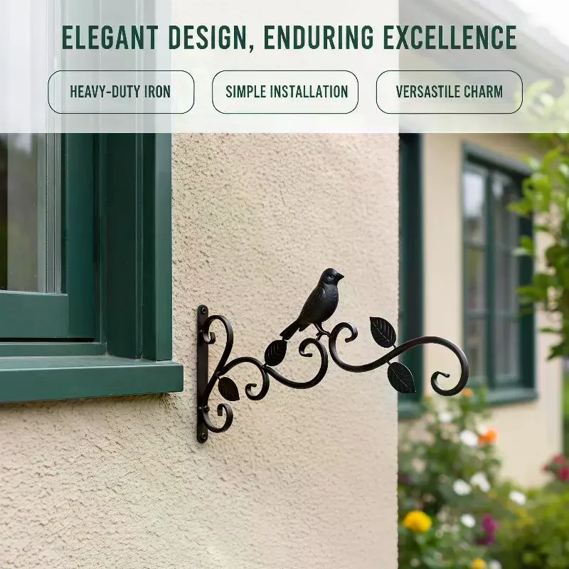 Wrought Iron Hanging Plant Brackets With Decorative Bird And Leaf Design Perfect For Outdoor Patio Balcony Garden Wall Use