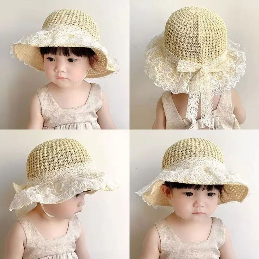 

Fashion UV Protection Lace Straw Hat Wide Brim Foldable Kids Sun Hats 1-3Year Baby Lace Up Beach Hats Princess Girl