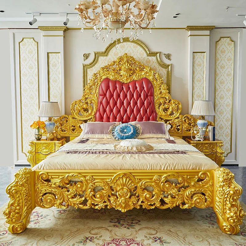 Double bed high-end villa master bedroom wedding bed solid wood carving flower luxury court style