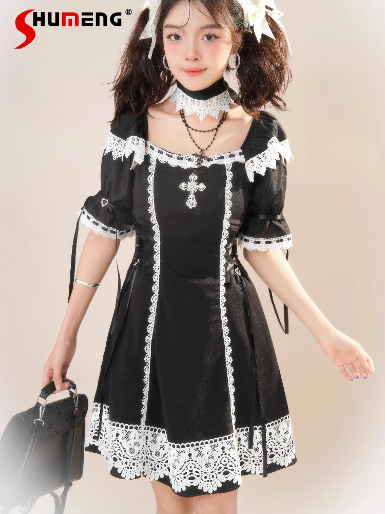 

Japanese Sweet Gothic Lolita Dresses Lace Splicing Embroidered Cross Square Neck Bubble Sleeve Lace-up Slim Short Dress Women