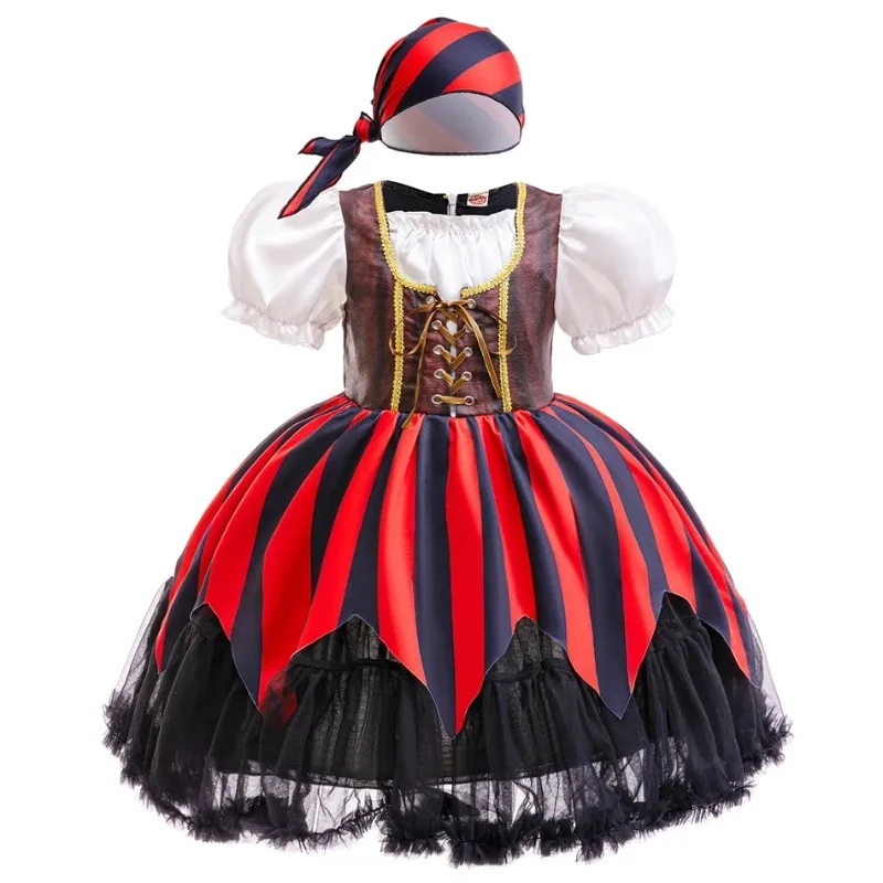 Halloween Cosplay Pirate Captain Costume Short Sleeved Tied Dress Headscarf Set Performance Party Role Playing Outfits for Girls