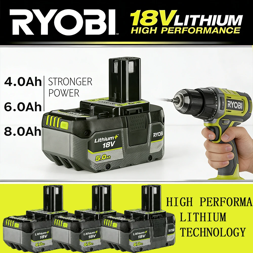 Batterie au Lithium RYOBI ONE + 18V 2026 améliorée, 5.0/6.0/8.0Ah, haute capacité pour une longue durée de fonctionnement avec tous les outils électriques sans fil ONE +