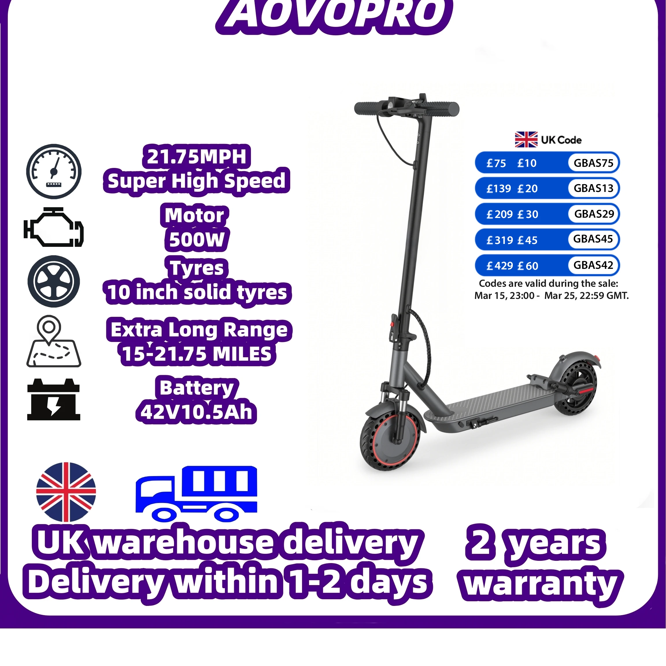 AOVOPRO 500W Electric Scooter Top Speed: 21.75 mph Range: 21.75 miles 10-inch Tyres Shock-Absorbing Smart Folding Scooter