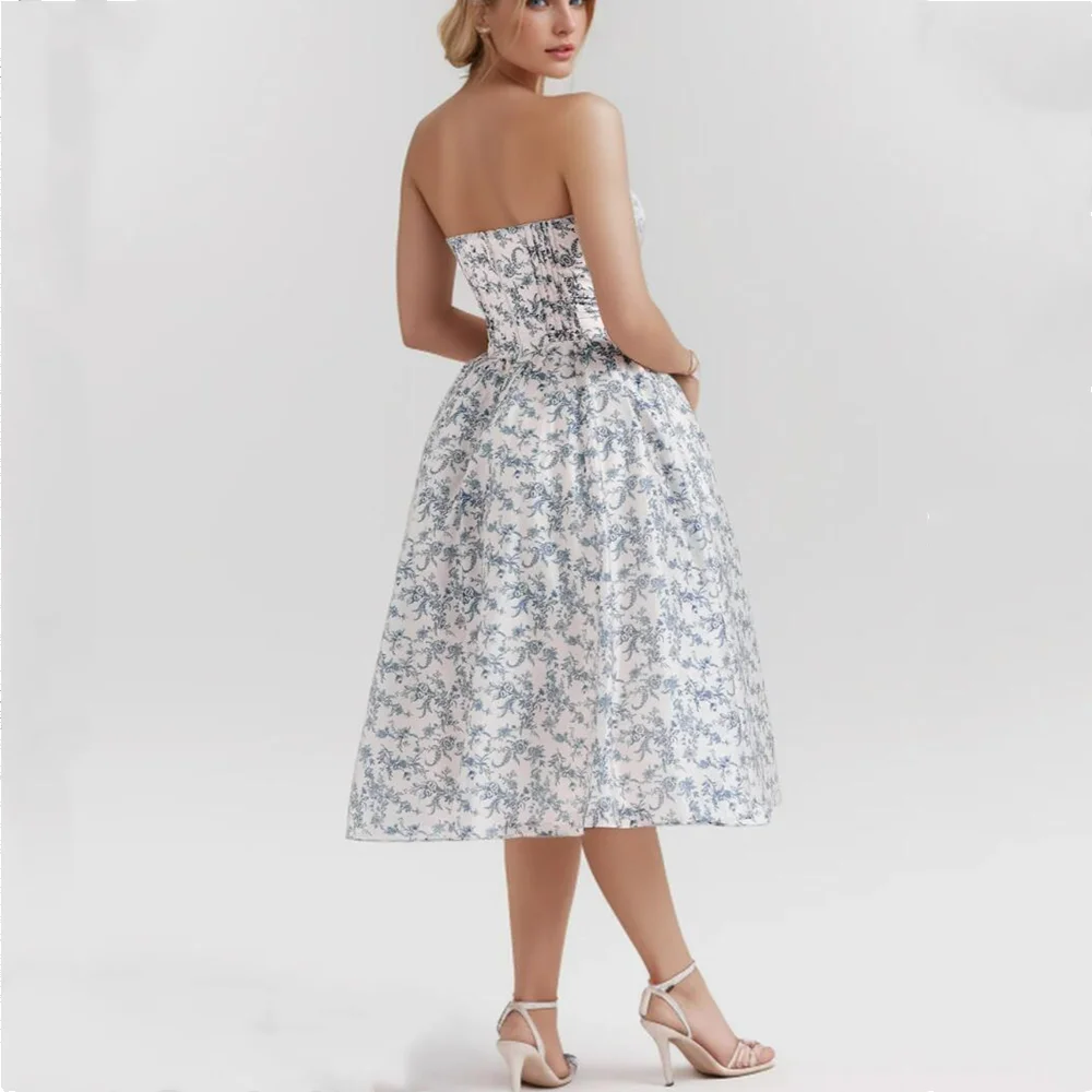 2024 Sexy Flower Print Chest With Wire Strapless Dress Women Low Waist Pleated Ruched Hem Swing Ball Gown Midi Long Party Robe