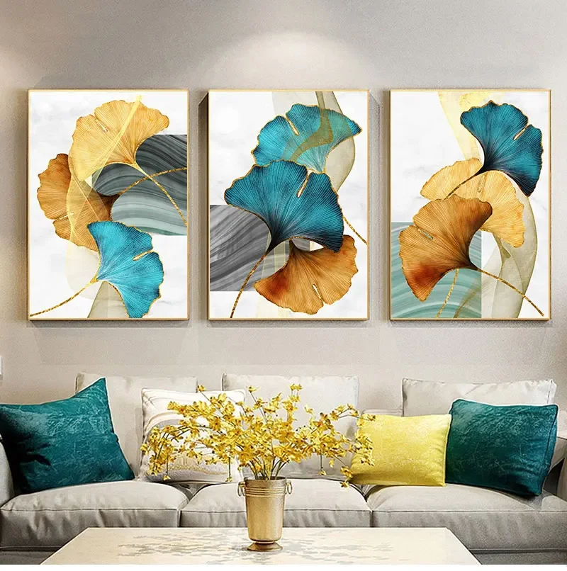 1pc frameless Canvas Painting Blue Green Yellow Gold Plant Leaf Abstract Nordic Minimalist Wall Art Canvas Painting Posters for