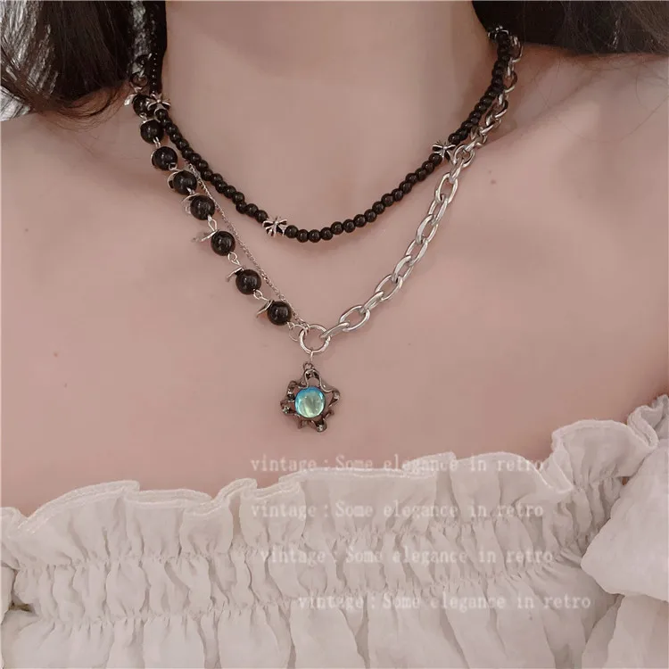 Korean Charm Moonstone Geometric Pearl Cross Pendant Necklace For Women Fashion Vintage Punk Necklace 90s Aesthetic Jewelry