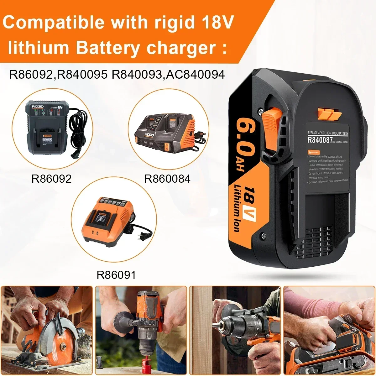 Upgraded R840087 18V 6.0Ah Lithium Battery Replacement for RIDGID 18V R840083, R840085,AC840085,Series Cordless Power Tool