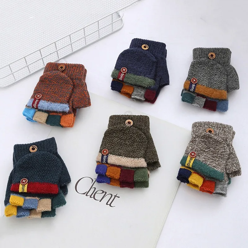 

New Half Finger Flip Kids Gloves Jacquard Color Matching Autumn Winter Warm Gloves for Children Student Writing Baby Gloves