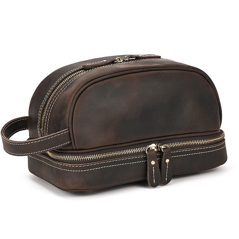 Fashion High Quality Small Travel Bag Crazy Horse Leather Travel Wallet Storage Bag Washing Make Up Bag For Travel toiletry bag image 3