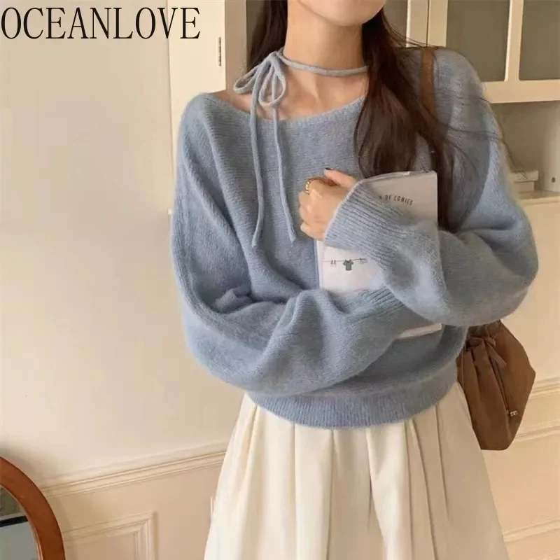 OCEANLOVE Women Sweaters Lace Up Halter Korean Fashion Solid Pullovers Autumn Winter Simple Sweet Elegant Pull Femme Loose