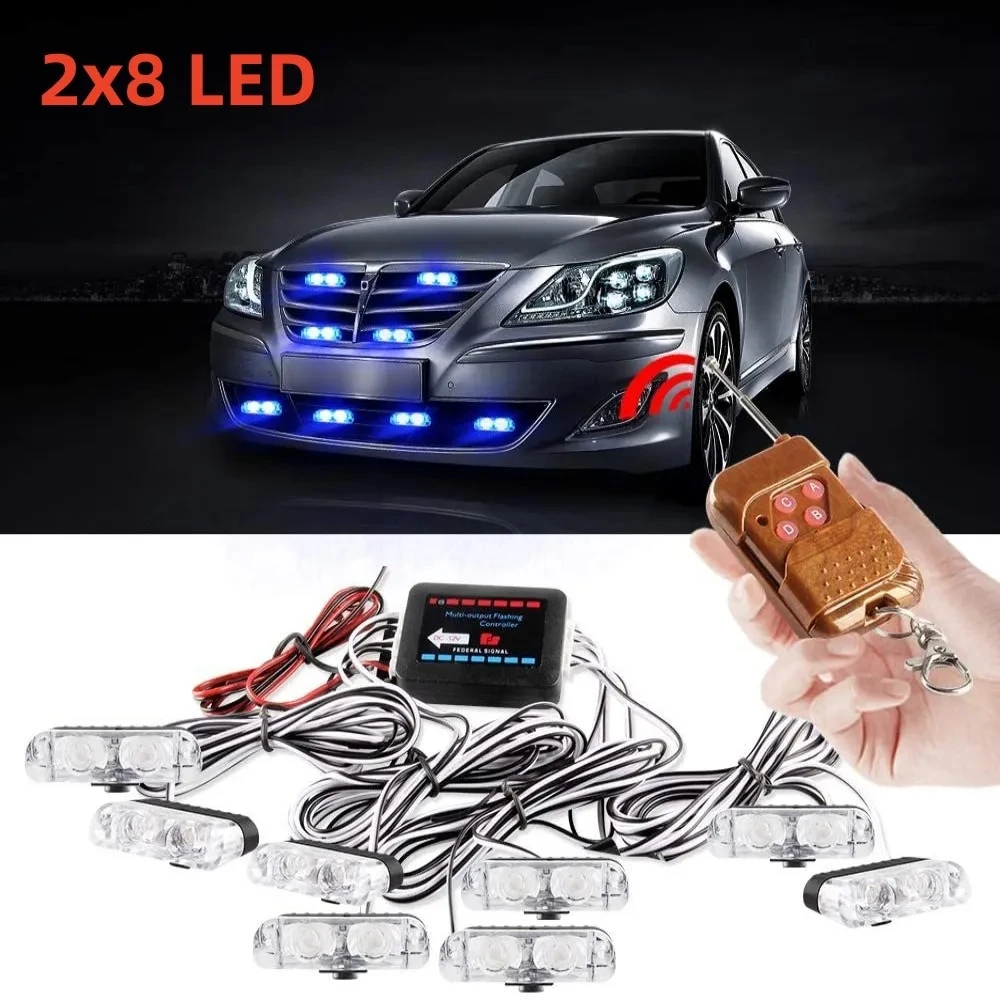 1 Set 8*2 LED Car Strobe Warning Light With Wireless Remote Control Red And Blue Police Light 12V Ambulance Flashing Lights