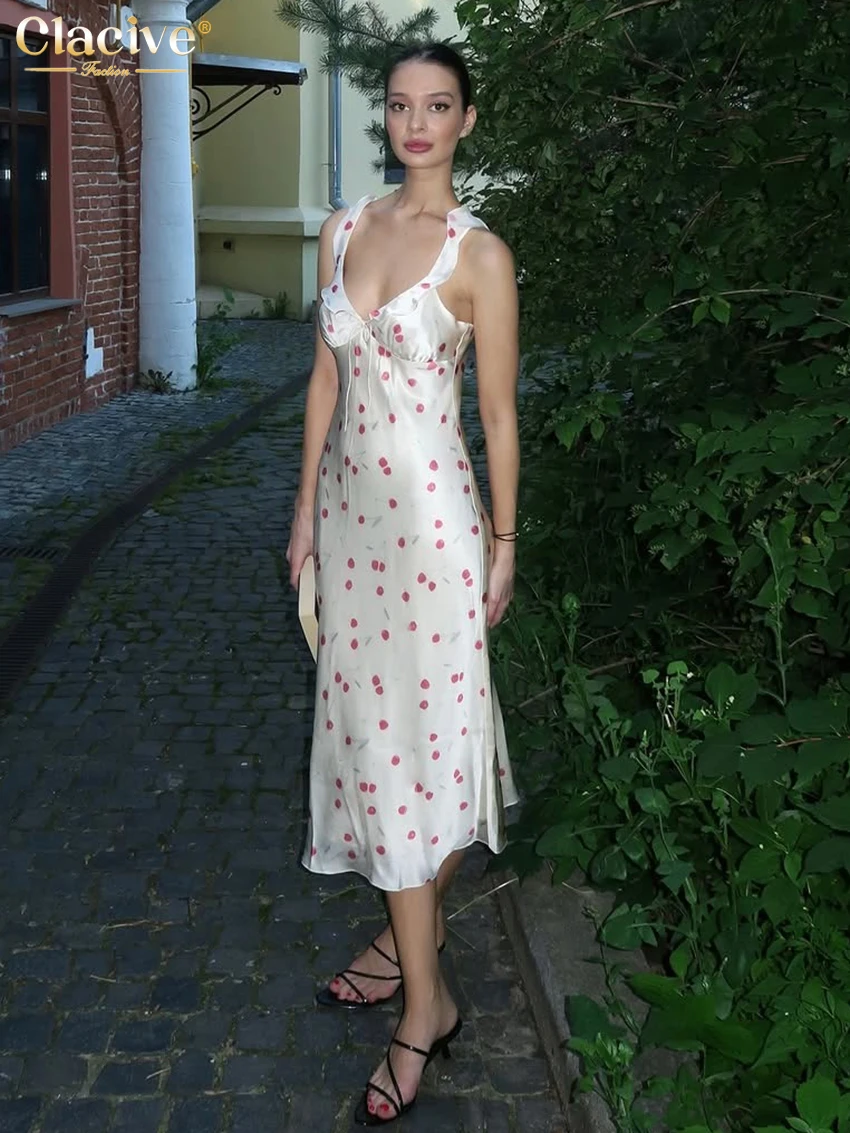 

Clacive Sexy Loose Print Womens Dresses 2026 Summer V-Neck Sleeveless Midi Dress Elegant Classic Lace-Up Female Dress Streetwear