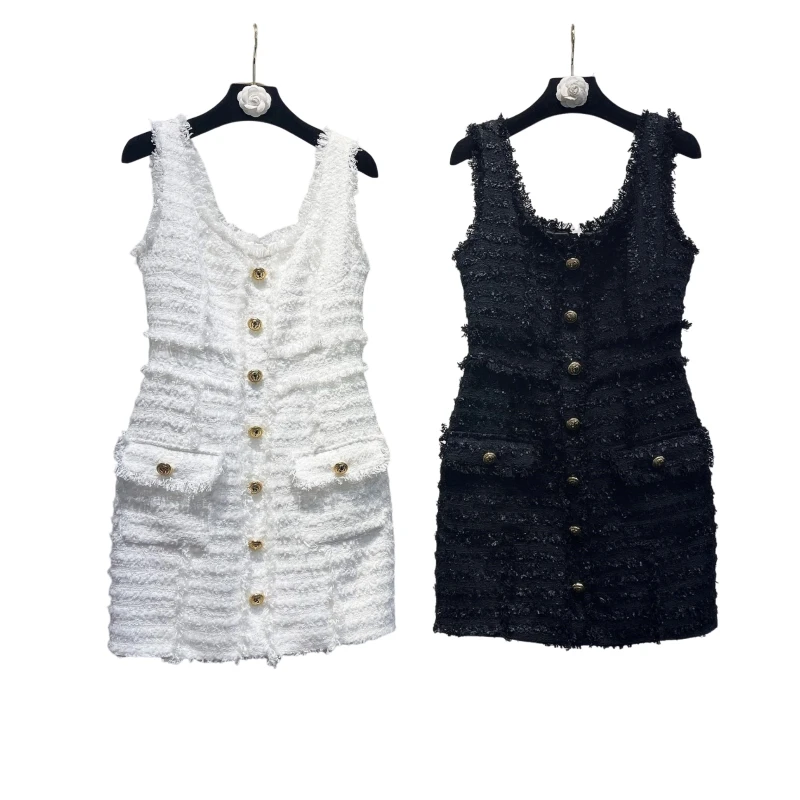 

24 Light Luxury Tweed Hand-Pulled Frayed Vest Dress Elegant White Dress Autumn and Winter vestidos de gala elegante vestido