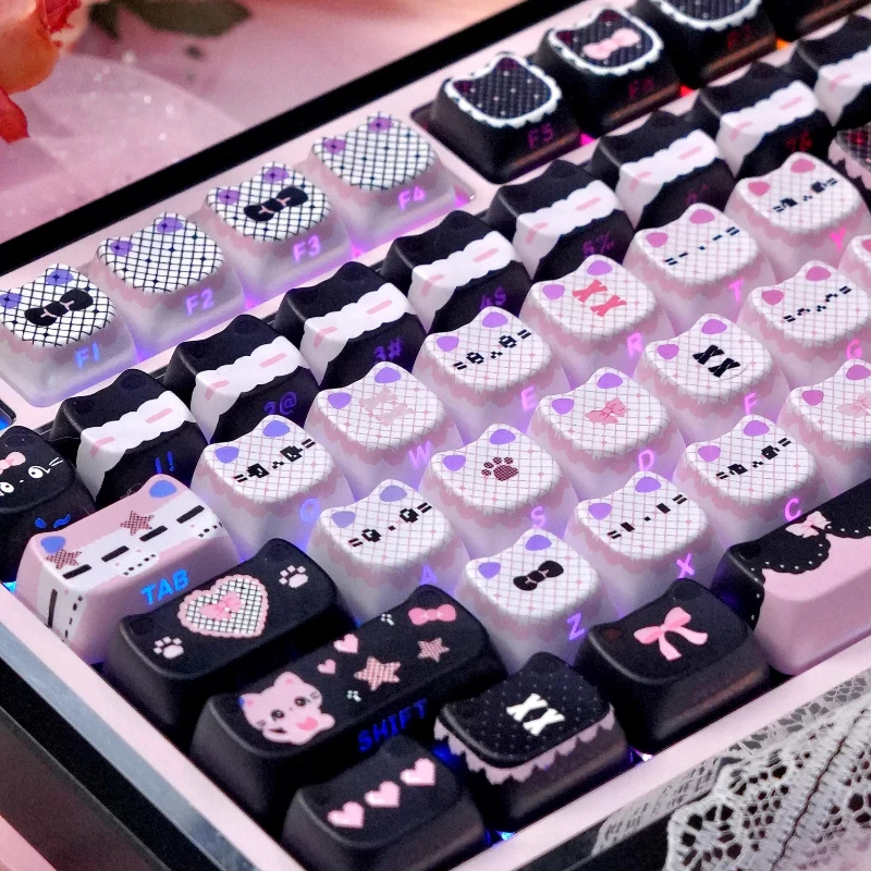 120+ Cat's Ears Translucent Cute Keycap MAO Fair Isle Cat Theme Keycaps Dye Sublimation PBT Key Cap for Mechanical Keyboard