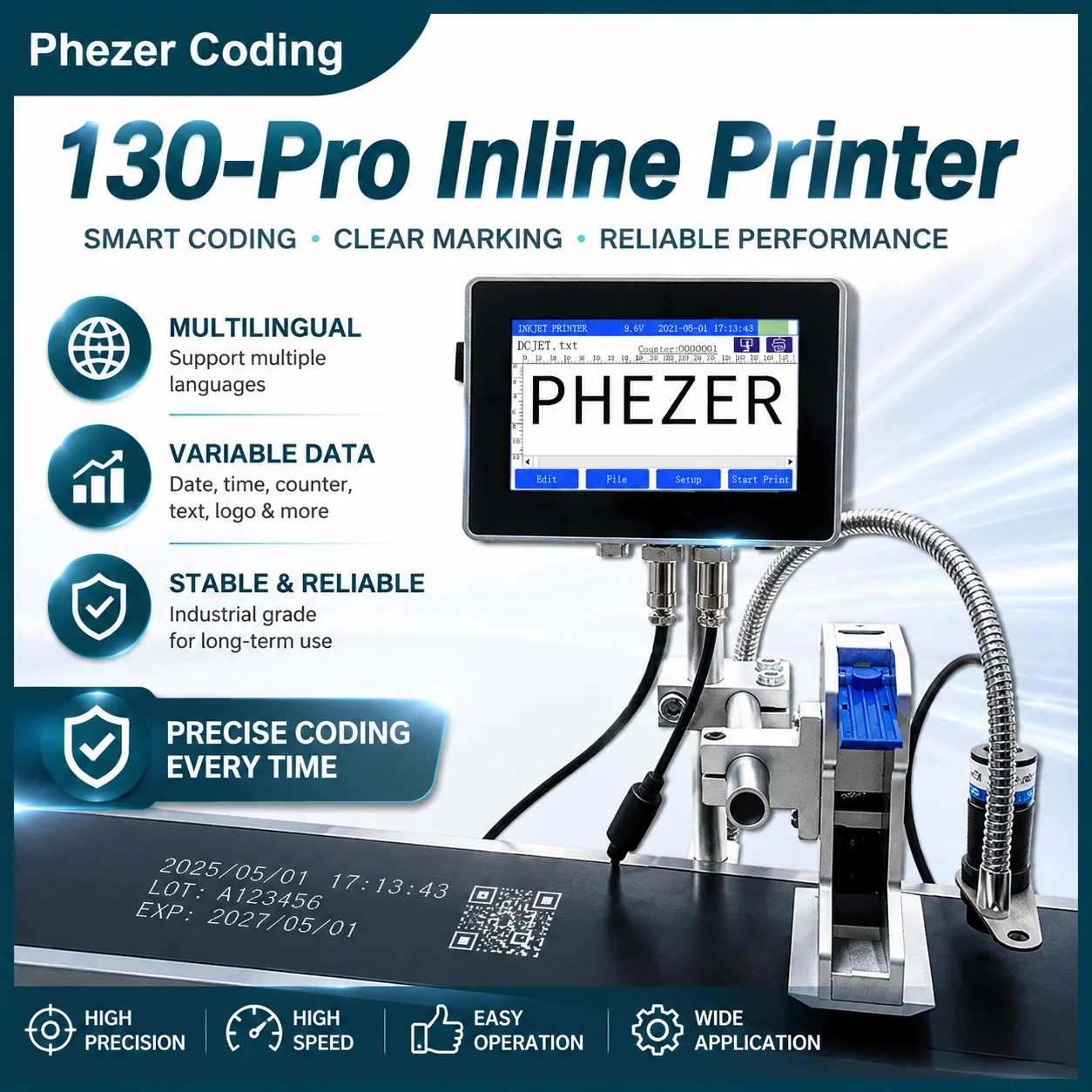Phezer for HP P130Pro 12.7/25.4mm Ink Cartridge Label Printer Online Inkjet Printer QR Strip Number Number Logo Expiration Date