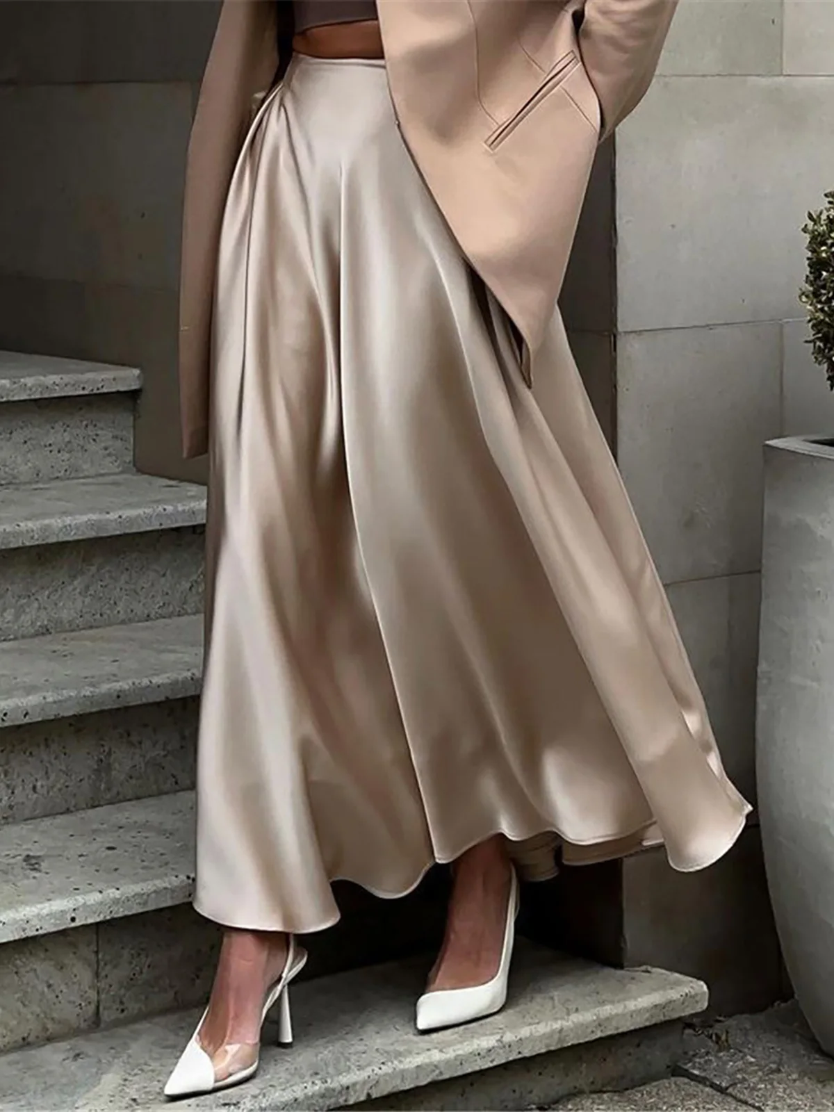 Elegant Long Satin Skirts For Women High Waist A-line Solid Skirt Female Khaki Fashion Women Maxi White Silk Skirts D413