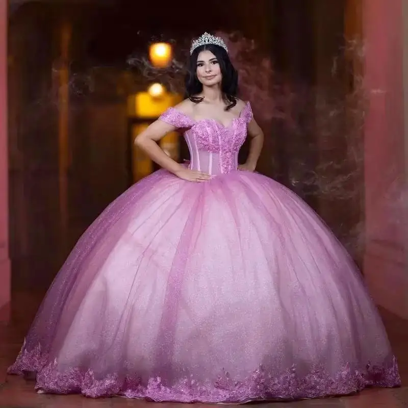 

Customized Light Lilac Off The Shoulder Quinceanera Dresses Tull Party Birthday Applique Corset Ball Gown Vestidos De 15 Anos