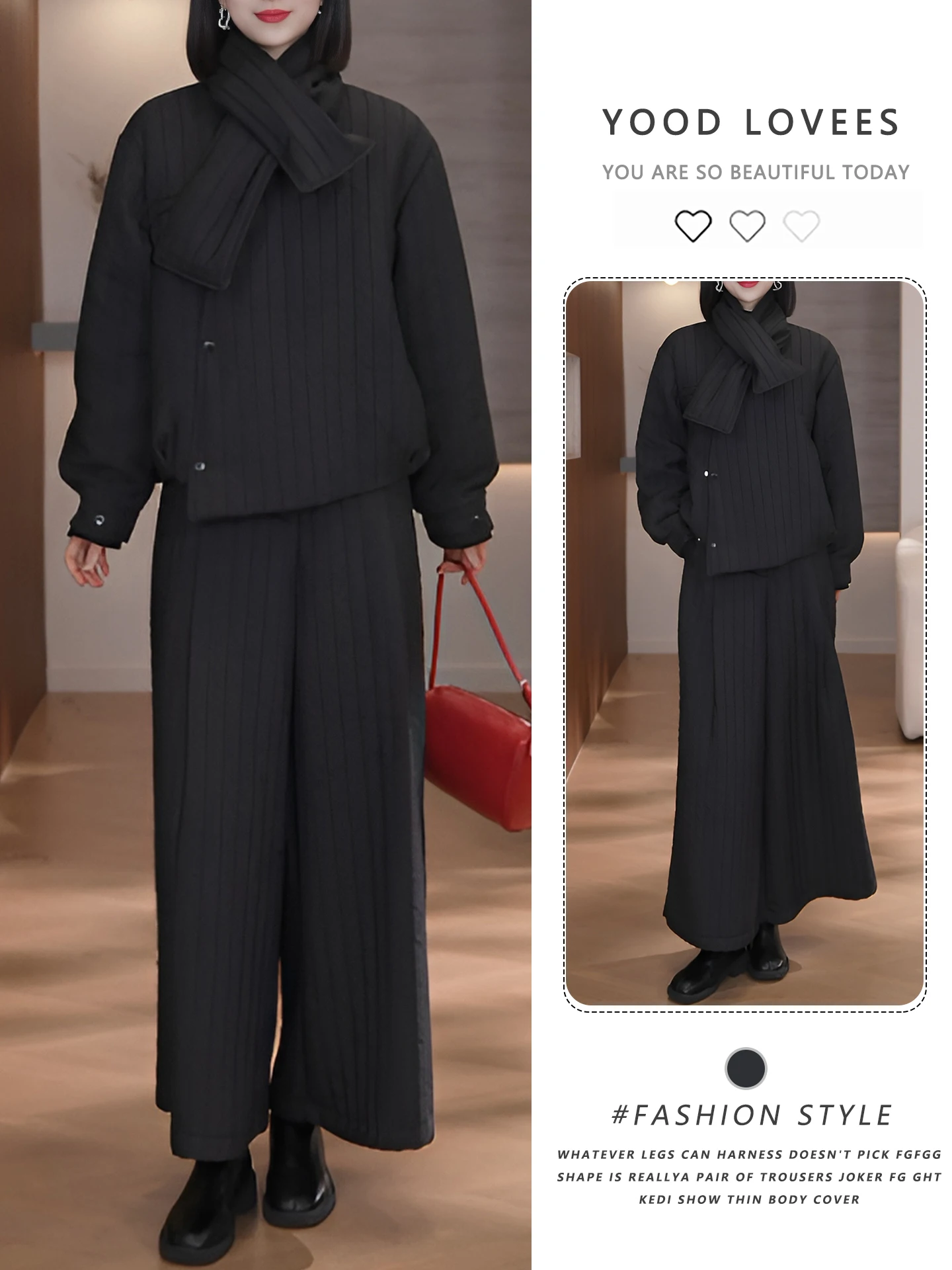 

Winter Cotton Jacket Set Korean Design Striped Texture Irregular Wide Leg Pants Scarf Warm Three Piece Set Women's Fashion