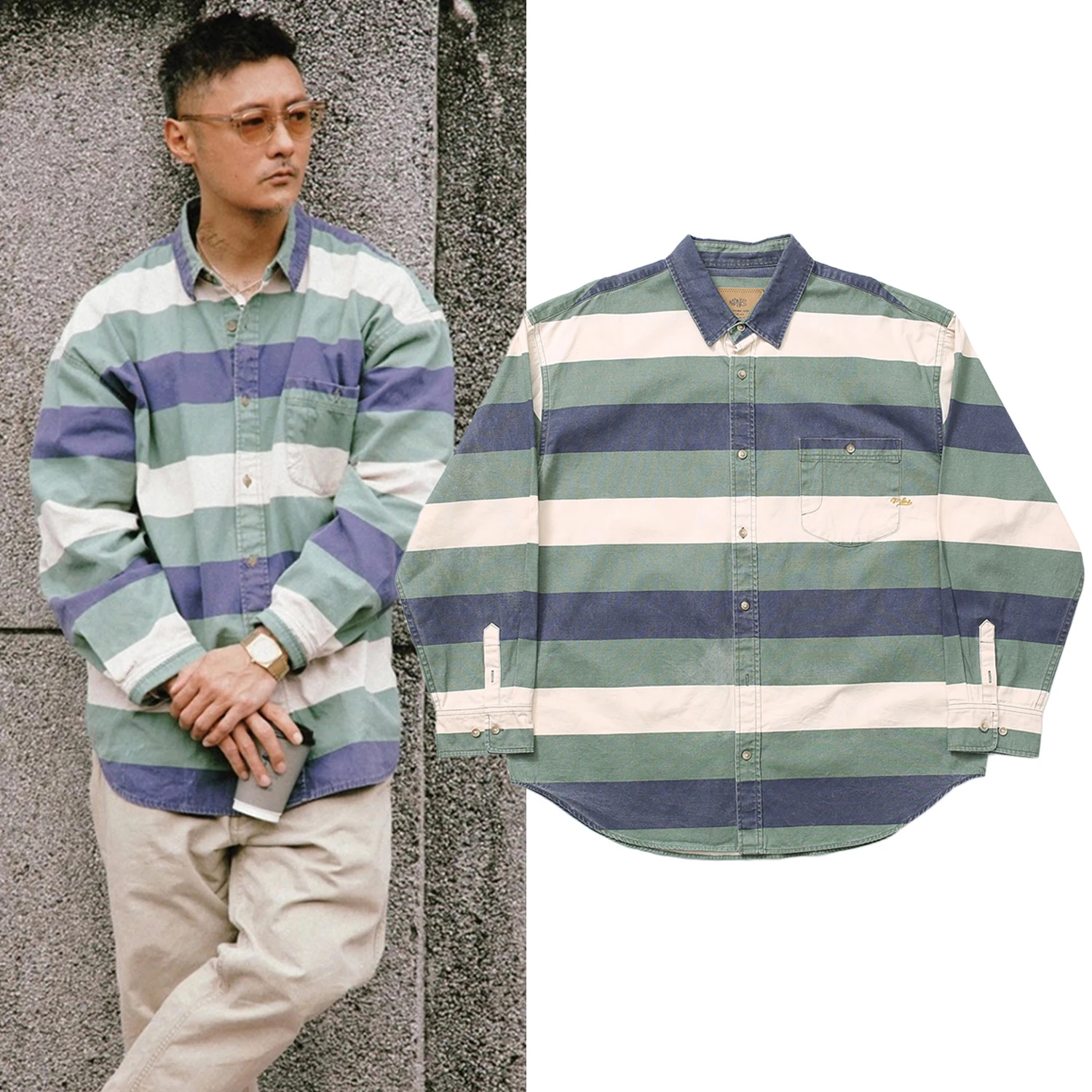 

Молодежная повседневная рубашка MADN Waed Stripe Long Sleeve из оксфордской ткани, хлопок, в японском ретро-стиле, для ежедневной носки, осенняя