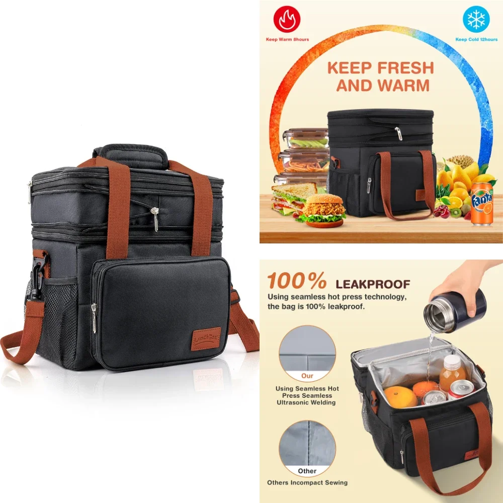 Expandable Insulated Large Lunch Box Double Deck Heavy Duty Picnic Bags Leakproof Cooler Bags Camping Hiking Cooking Supplies