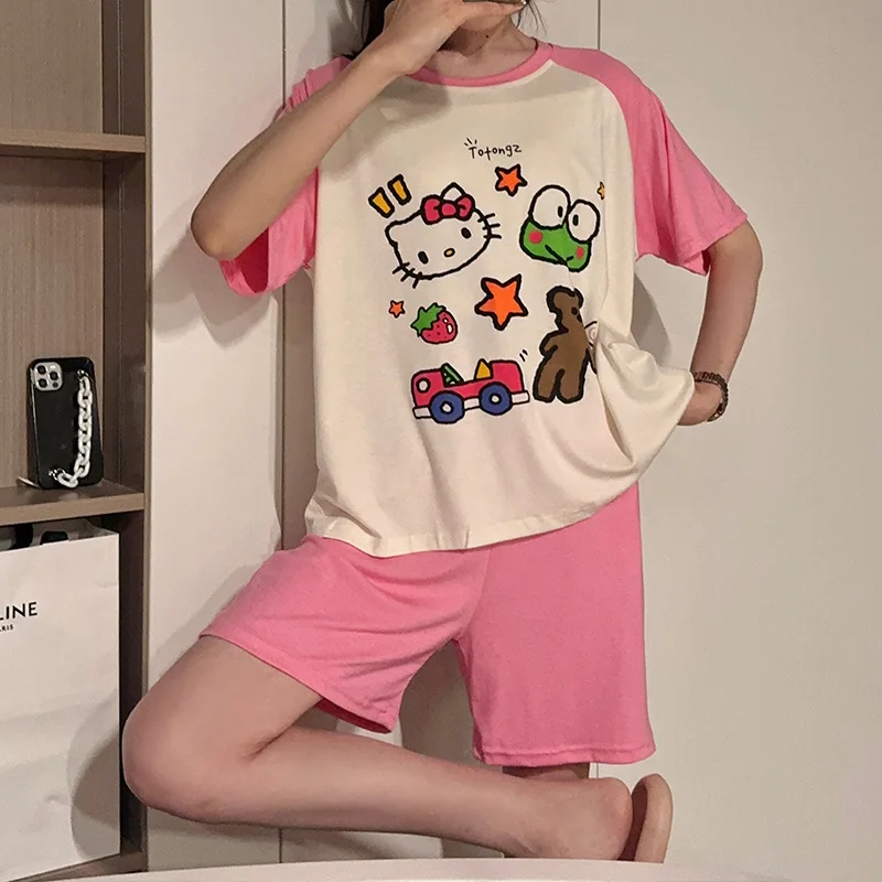 Hellokittys Anime Kawaii Modal Pajamas Summer Cute Sanrios Short Sleeved Shorts Loose Girls Home Furnishing Set Can Be Outworn