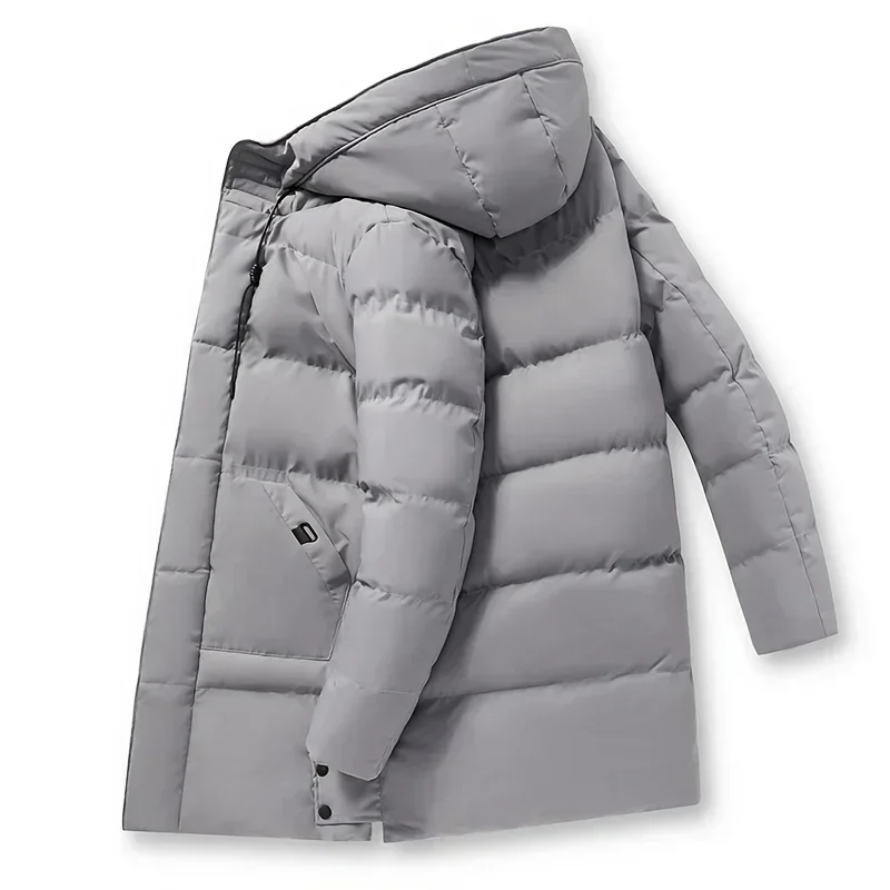 Veste zippée mi-longue à capuche pour hommes, pardessus rembourré en coton, coupe-vent chaud, vêtements décontractés pour hommes, automne, hiver, 2024