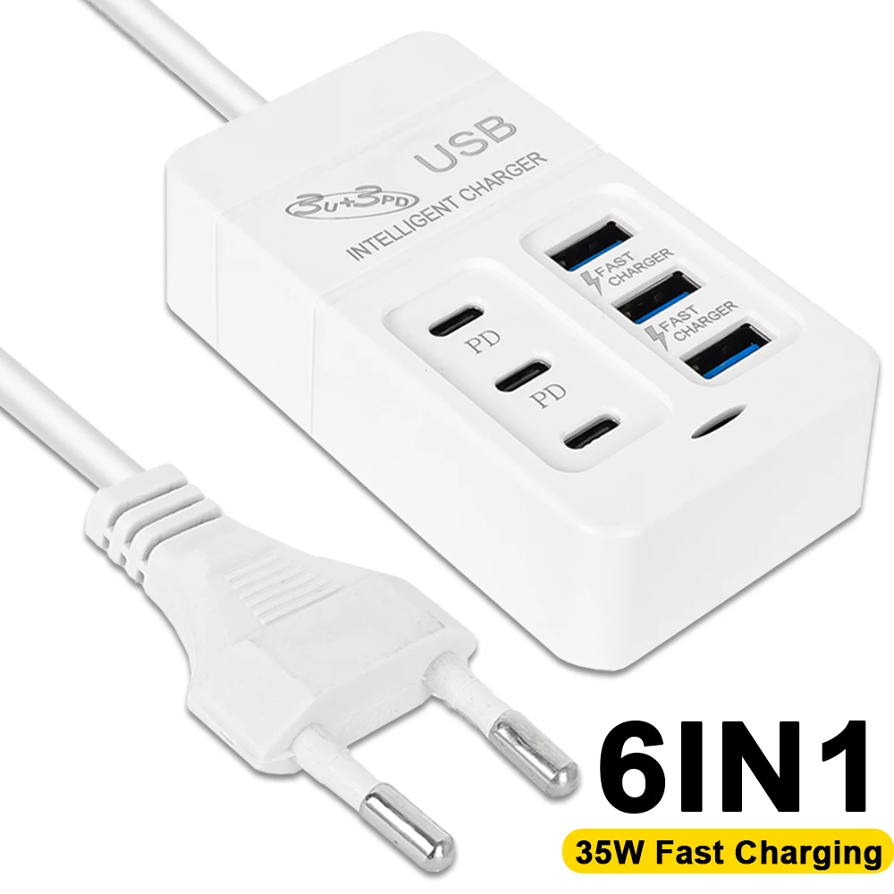 Multiports USB Type C Desktop Wall Charger Adapter PD Quick Charging 6 Ports USB Hub AC Power Adaptors Extend Socket Outlet