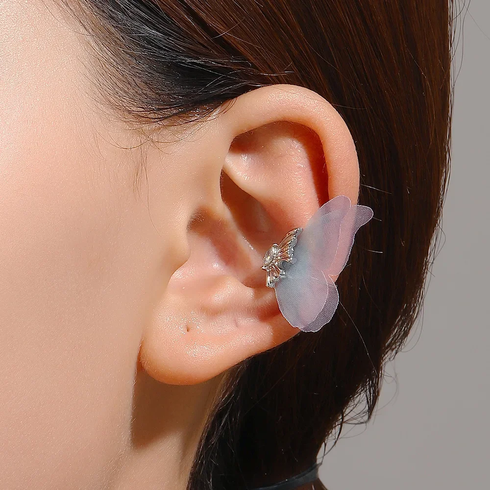 Crystal Inlaid Blue Purple Butterfly Fairy Tassel Ear Clip No Ear Hole Earbone Clip Female Charm Temperament New Earrings