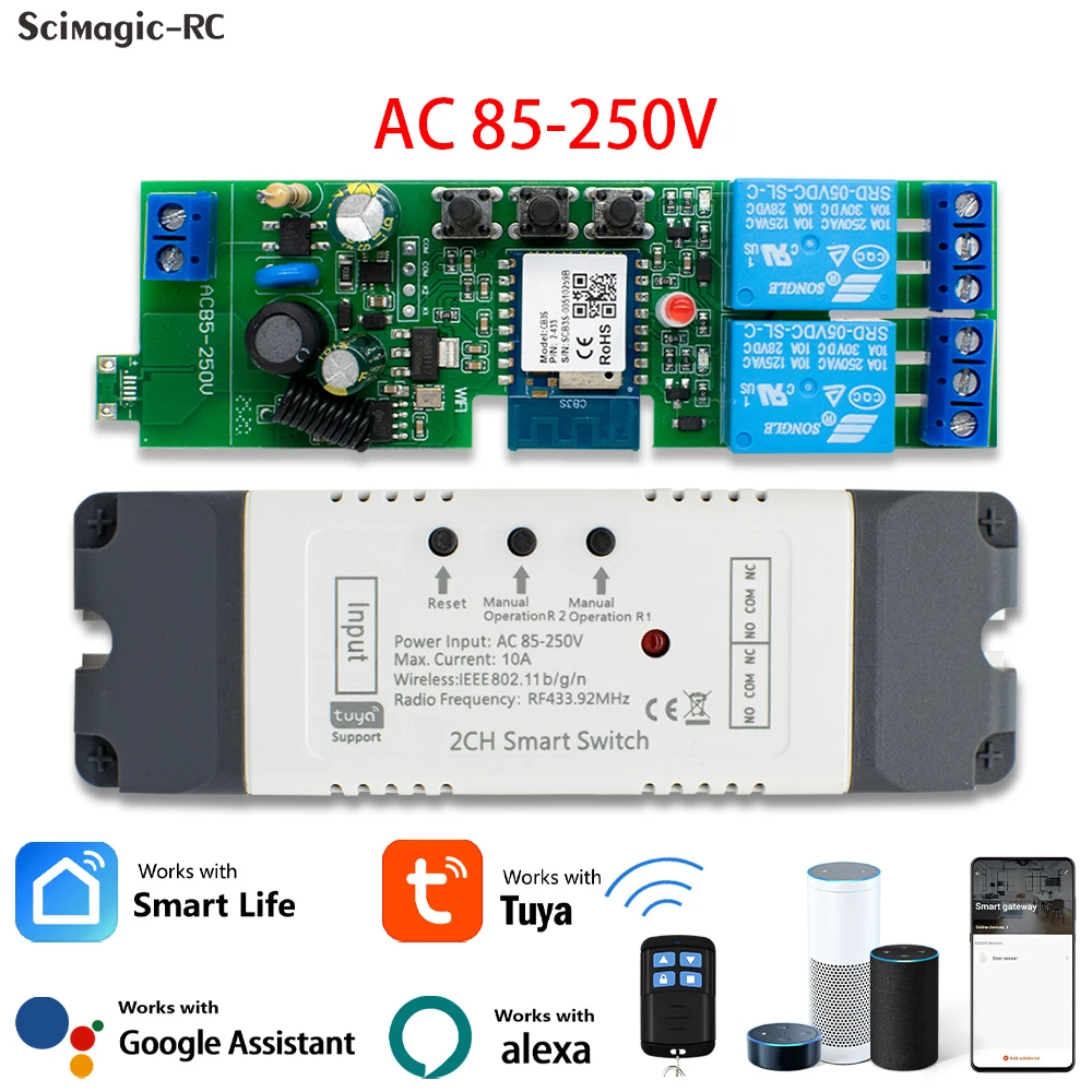 1/2CH Tuya APP Wifi Wireless DIY Smart Switch Module 433 Remote Control Smart Home Garage Universal Remote Relay Alexa Google Home