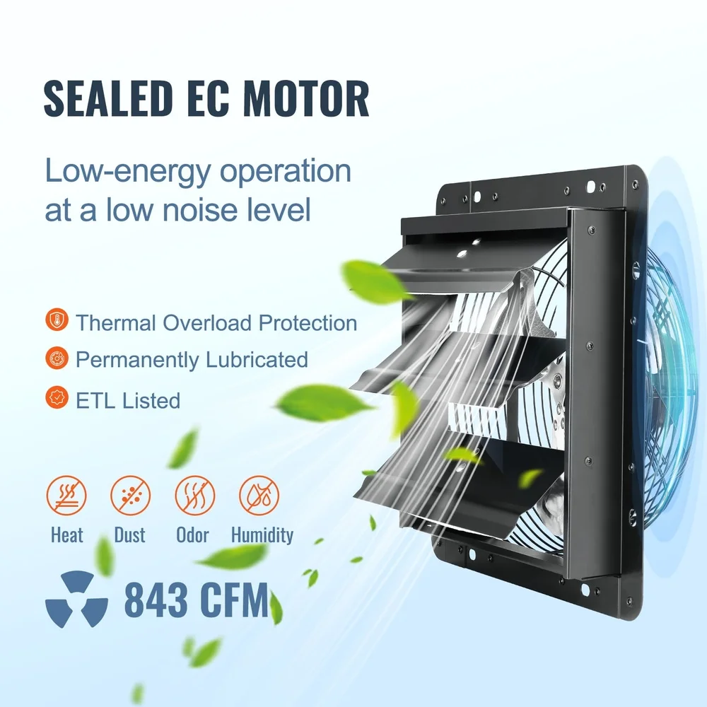 10 Inch Shutter Exhaust Fan with EC Motor 820 CFM Smart Control Automatic Shutter Wall Mount Greenhouses Garages Sheds