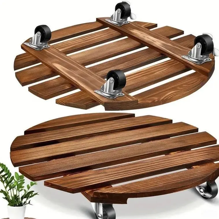 Solid Wood Plant Caddy with Lockable Wheels, Rolling Flower Pot Tray Heavy Duty for Indoor/Outdoor Patio Balcony