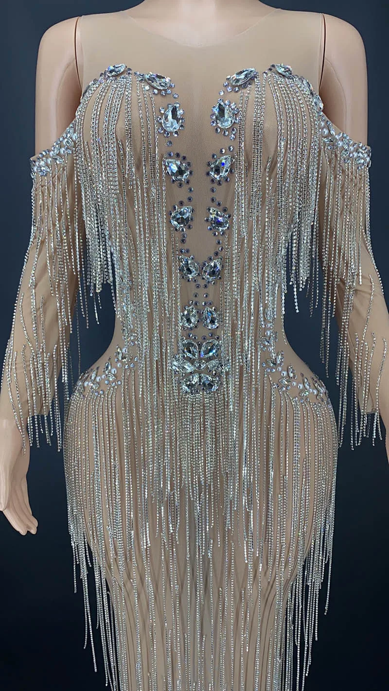 2023 Customized Tassels  Mesh lace Transparent High Elastic Sequins Sexy Tight Dress Birthday Party  Dress Performance Dress