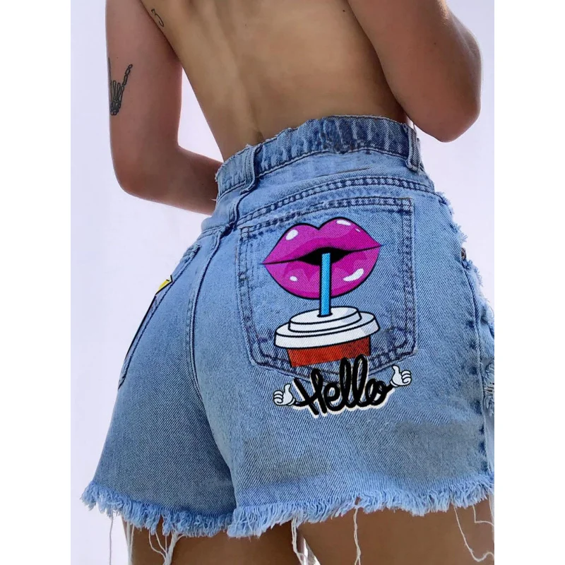 

Summer 2026 Sexy Style Girls Fashion Spring Printed Denim Shorts with Piercing Tassels High Waist Wide Leg Casual Shorts