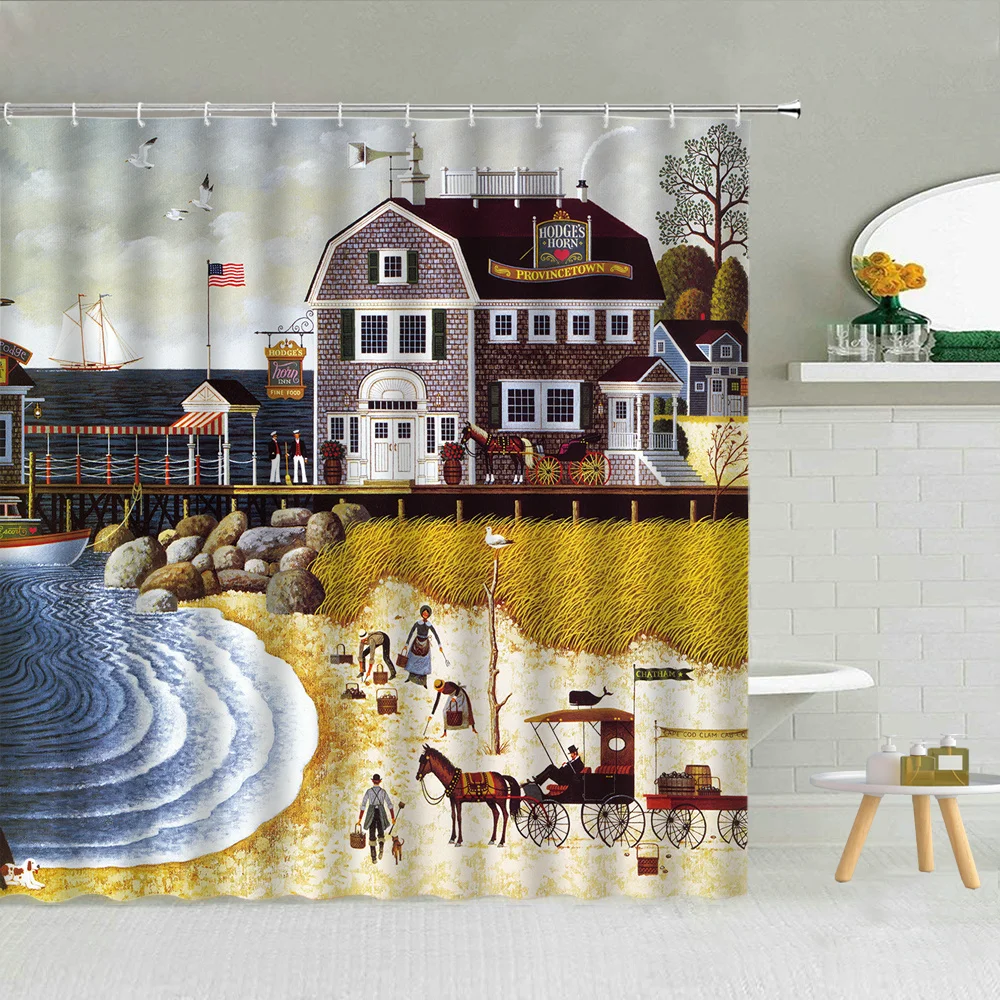 American Retro Seaside Town Scenery Oil Painting Shower Curtain Lighthouse Carriage Plant Bathroom Decor Sea Landscape Curtains