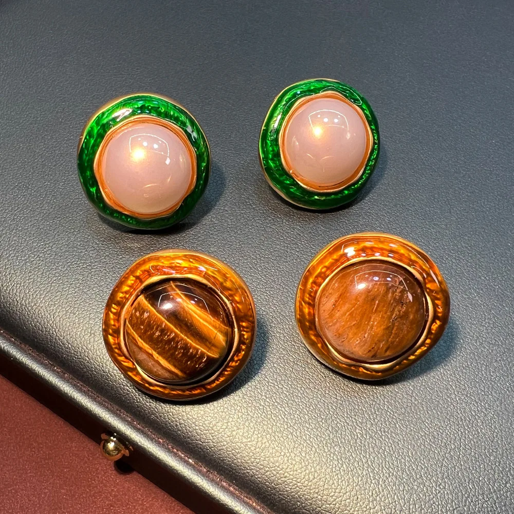 Maillard tiger's eye stone bright pearl round enamel stud earrings vintage premium light luxury S925 earrings