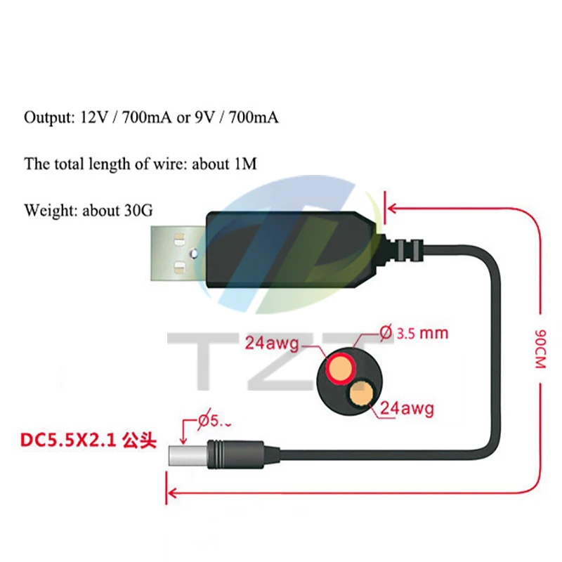 USB Power Boost Line DC 5V to DC 9V / 12V Step UP Module USB Converter Adapter Router Cable 2.1x5.5mm Plug 1M