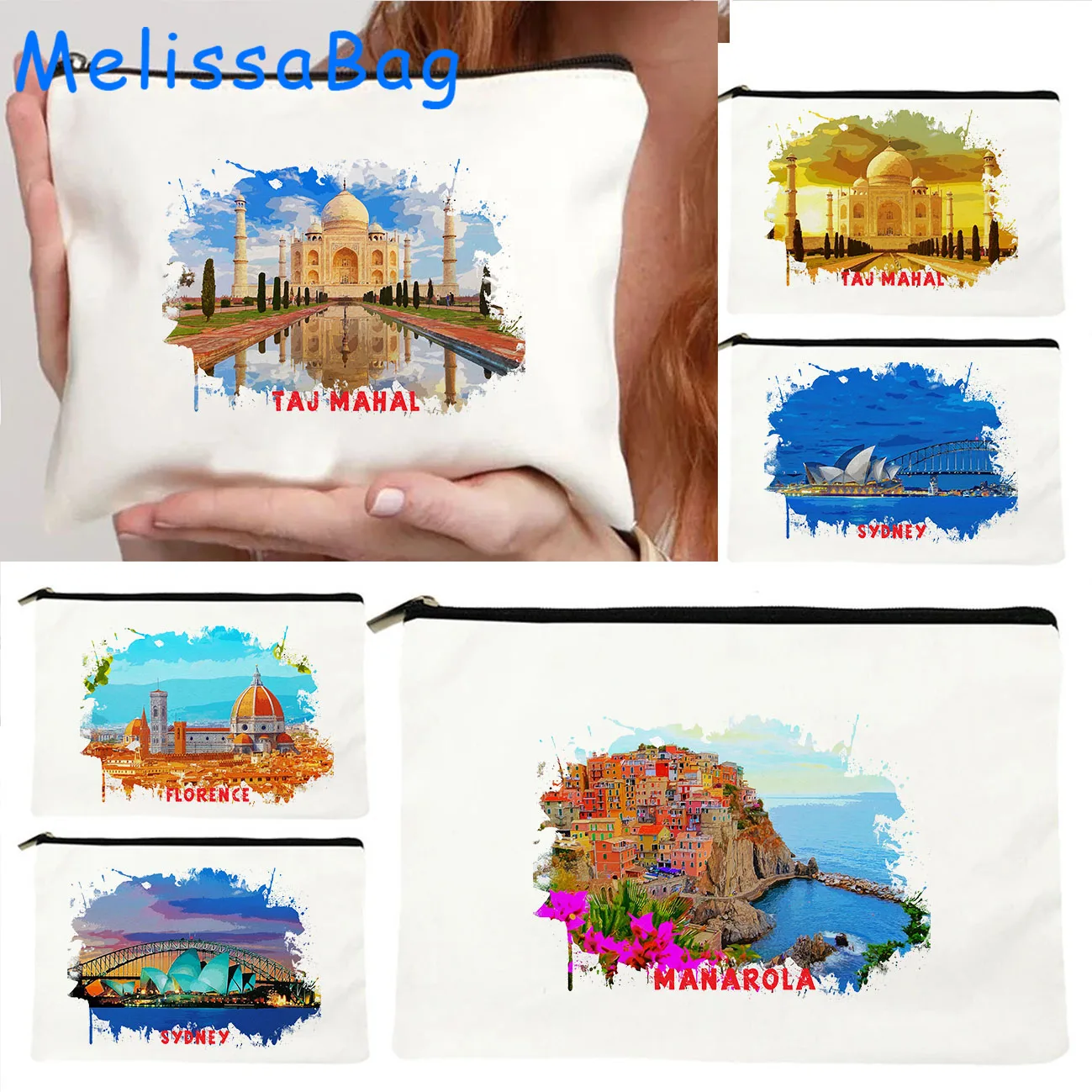 Sydney Australia Taj Mahal Manarola Florence Watercolor Painting Cute Canvas Cosmetic Makeup Toilet Bag Pencil Case Zipper Pouch