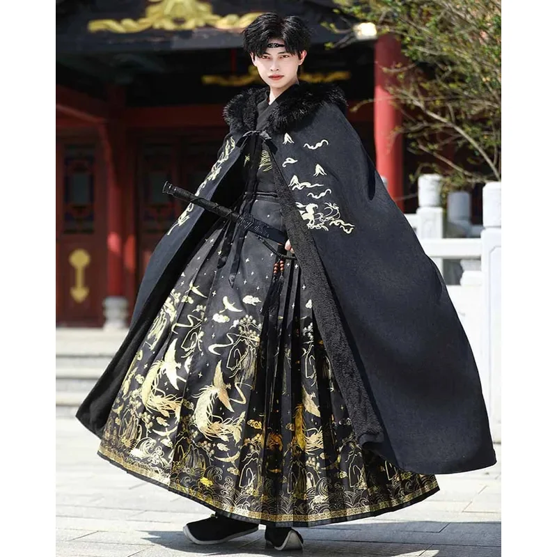 

Winter Warm Men`s Hanfu Cloak Chinese Embroidered Golden Fox Black Wool Long Cape Christmas Costume Hanfu Clack For Women